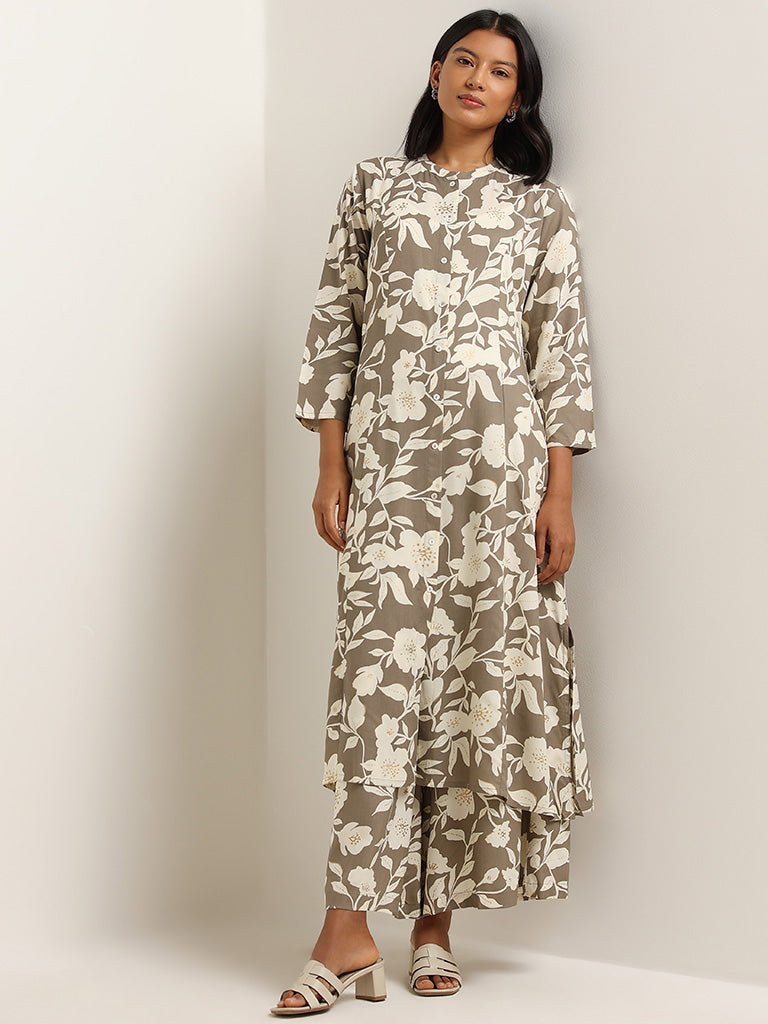 Utsa Dark Taupe Floral Design A-line Kurta