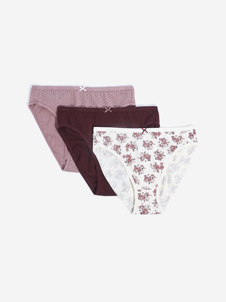 Wunderlove Burgundy Printed Cotton Blend Briefs - Pack of 3