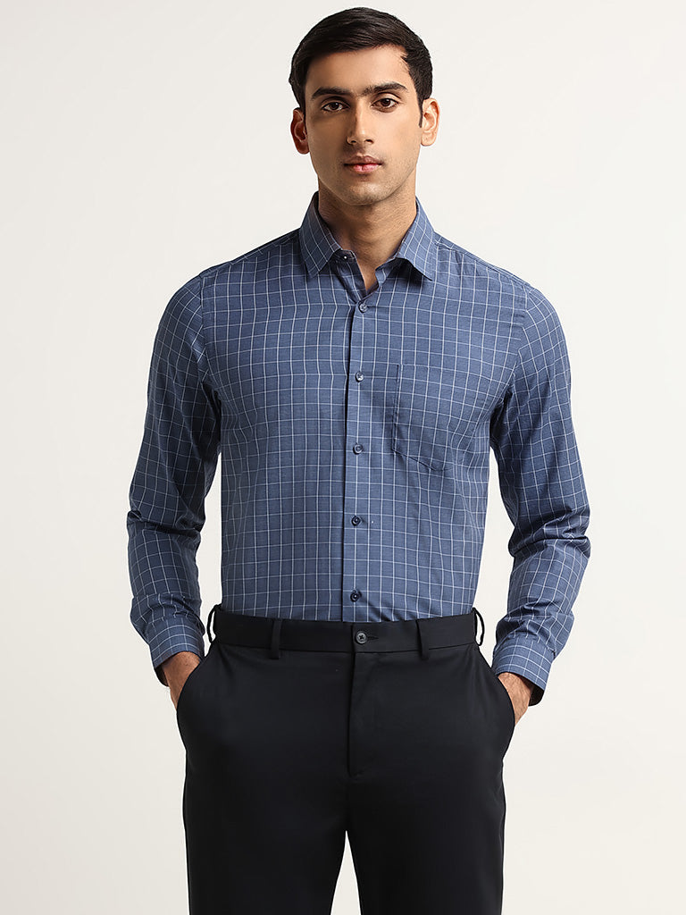 WES Formals Navy Checks Pattern Slim Fit Shirt