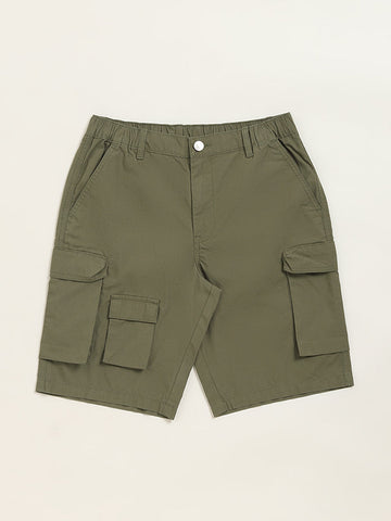 Y&F Kids Olive Solid Mid-Rise Cotton Shorts