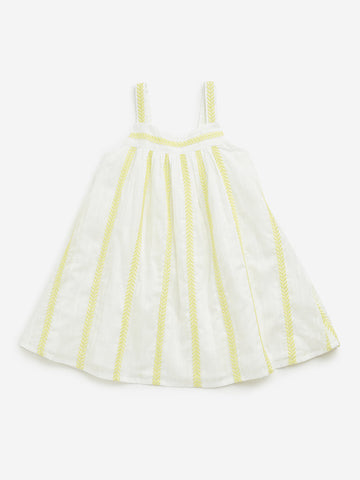 HOP Kids White Leaf Embroidered A-Line Cotton Dress