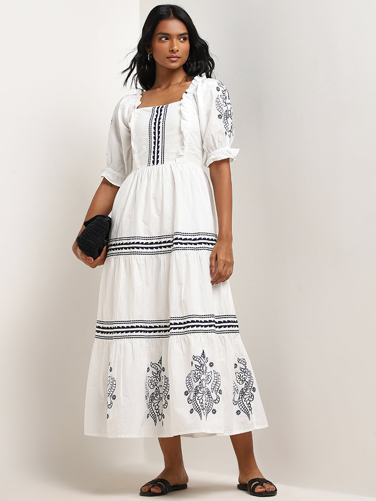 LOV White Printed Cotton Blend Tiered Dress