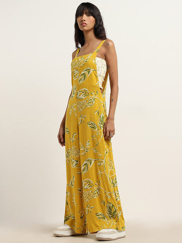 Bombay Paisley Yellow Leaf Printed Jumpsuit with Top Set