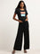 LOV Black Blended Linen Mid Rise Wide-Leg Pants