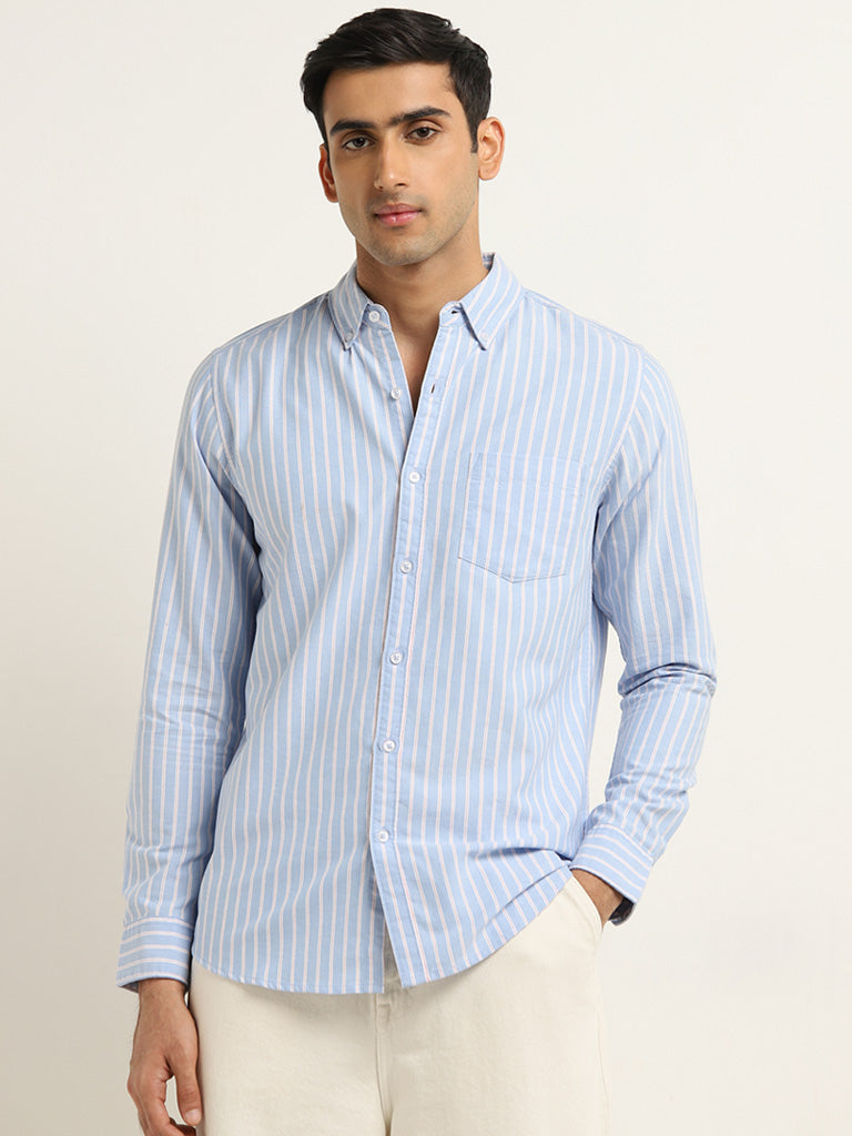 WES Casuals Blue Stripe Printed Slim-Fit Cotton Shirt