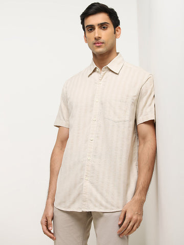 WES Casuals Beige Striped Relaxed-Fit Cotton Shirt