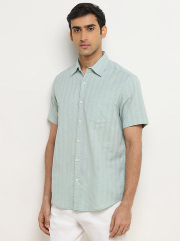 WES Casuals Sage Striped Relaxed-Fit Cotton Shirt