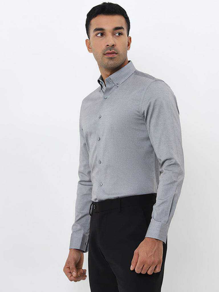 WES Formals Grey Solid Slim-Fit Cotton Shirt