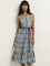 Bombay Paisley Blue Checks Design Tiered Cotton Dress with Belt