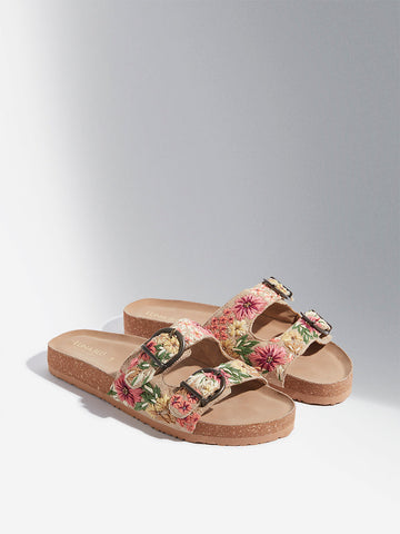 LUNA BLU Beige Floral Embroidered Double Band Sandals