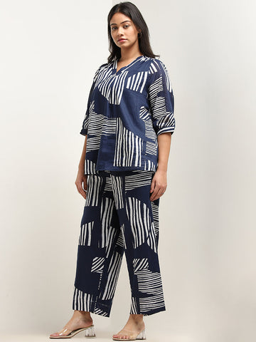 Gia Navy Abstract Design High-Rise Cotton Pants