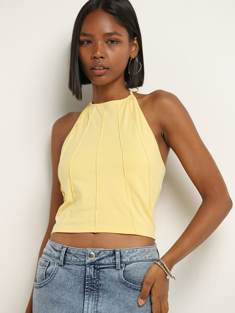 Nuon Yellow Seam-Detailed Halter-Neck Cotton Blend Top