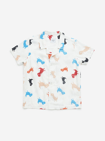 HOP Kids White Dinosaur Printed Resort-Fit Shirt