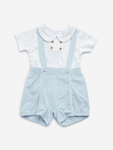 HOP Baby Blue Cotton T-Shirt with Dungaree Set