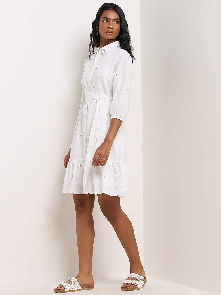 LOV White Diamante Design Shirt Cotton Dress with Belt