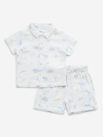 HOP Baby White Print Cotton Shirt & Mid-Rise Shorts Set