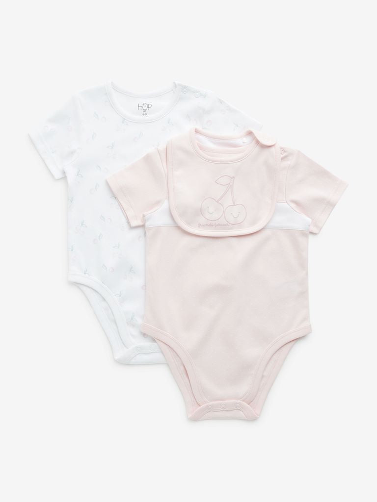 HOP Baby Pink Printed Cotton Rompers & Bib - Pack of 2