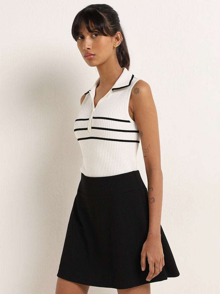 Studiofit Off-White Striped Ribbed Textured Top