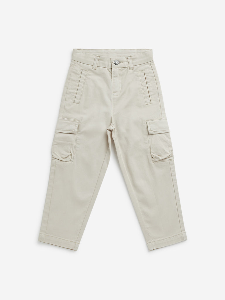 HOP Kids Beige Cargo-Style Mid-Rise Cotton Blend Trousers