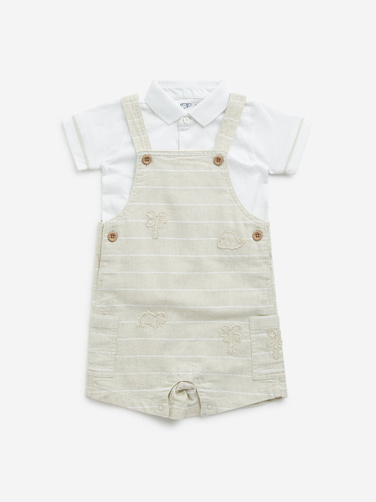 HOP Baby Beige Pinstriped Dungaree with T-Shirt Set