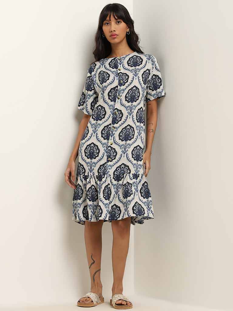 Bombay Paisley Indigo Printed Drop-Waist Dress