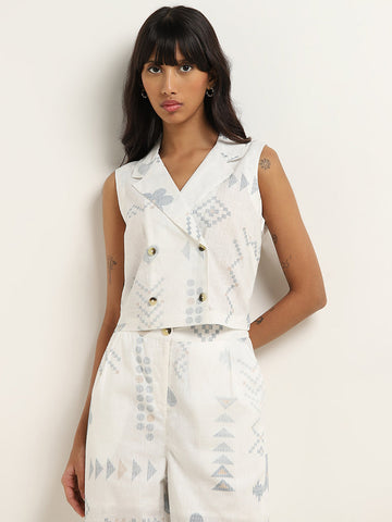 Bombay Paisley Off-White Printed Waistcoat-Style Cotton Top