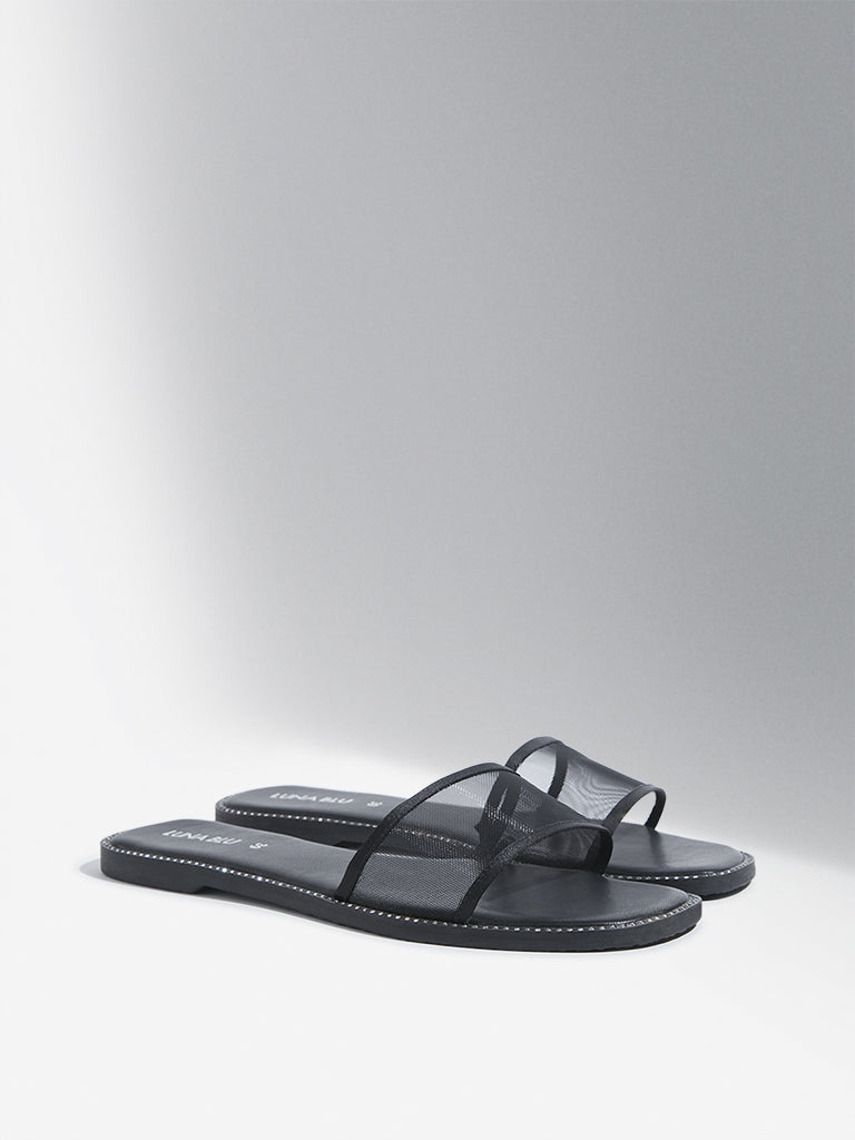 LUNA BLU Black Diamante Detail Slides