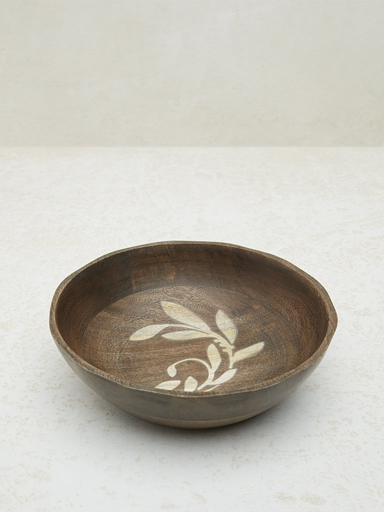 Westside Home Brown Leaf Design Wooden Bowl - Large