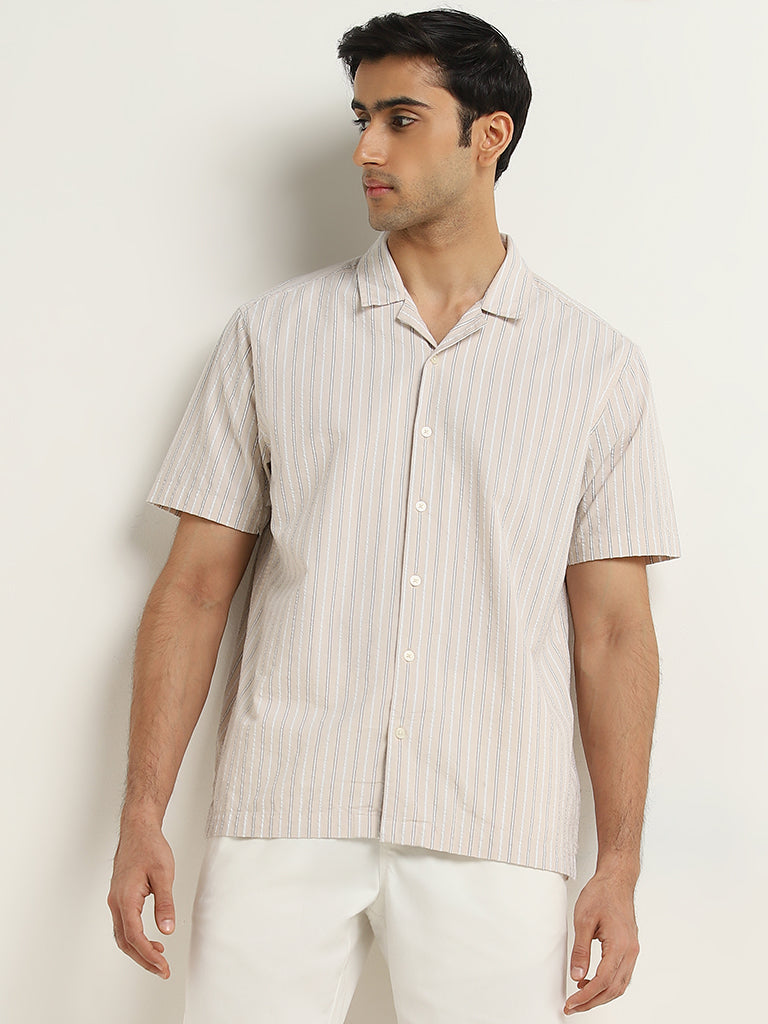 WES Casuals Light Beige Striped Relaxed-Fit Cotton Shirt