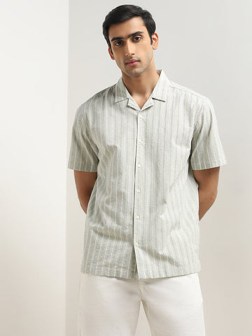 WES Casuals Light Sage Striped Relaxed-Fit Cotton Shirt