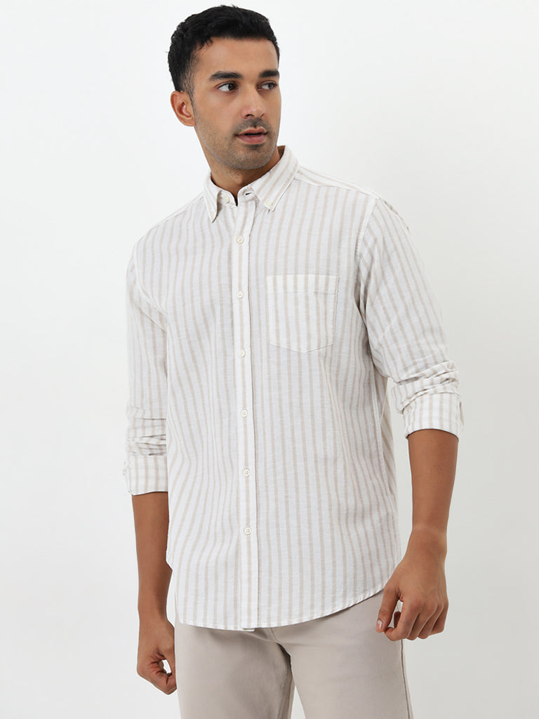 WES Casuals Beige Striped Relaxed-Fit Cotton Shirt