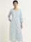 Utsa Light Blue Botanical Printed A-Line Cotton Blend Kurta