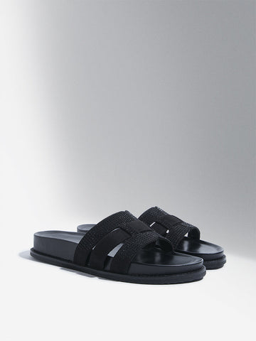 LUNA BLU Black Embellished Multi-Strap Slides