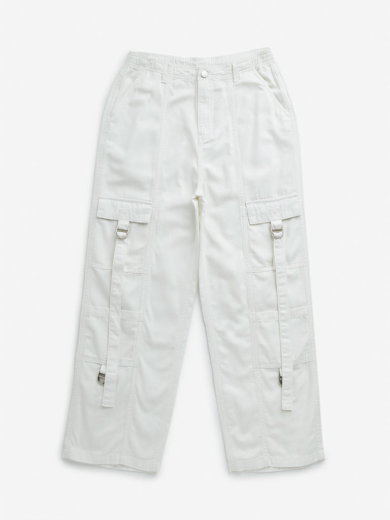 Y&F Kids White Cargo-Style High-Rise Cotton Trousers