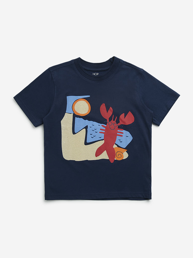 HOP Kids Navy Printed and Embellished Cotton T-Shirt