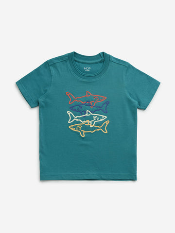 HOP Kids Teal Shark Embroidered Cotton T-Shirt