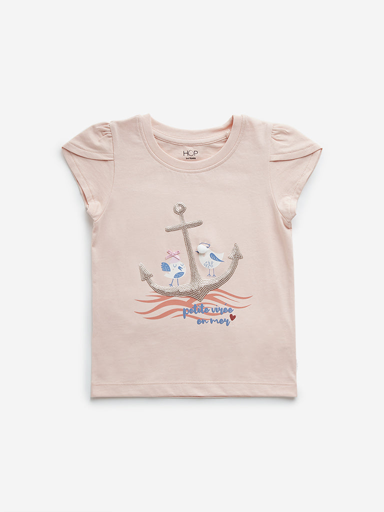 HOP Kids Peach Embellished Anchor Cotton T-Shirt