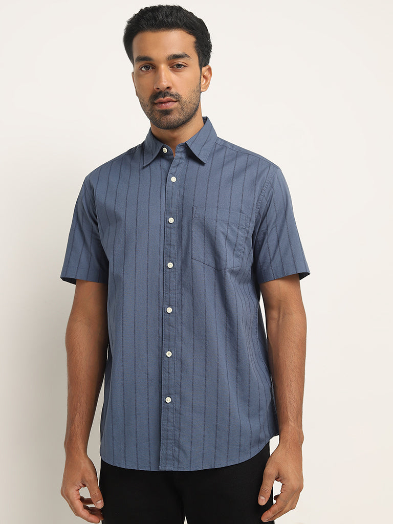 WES Casuals Dusty Blue Pinstriped Relaxed-Fit Cotton Shirt