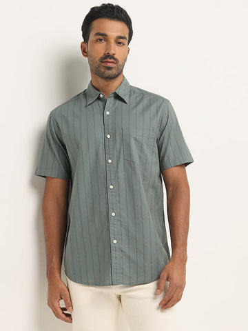 WES Casuals Light Olive Pinstriped Relaxed-Fit Cotton Shirt