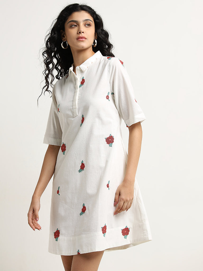 Bombay Paisley White Floral Printed Cotton Shirt Dress