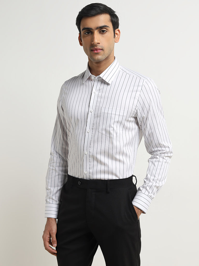 WES Formals White Stripe Patterned Slim-Fit Cotton Shirt