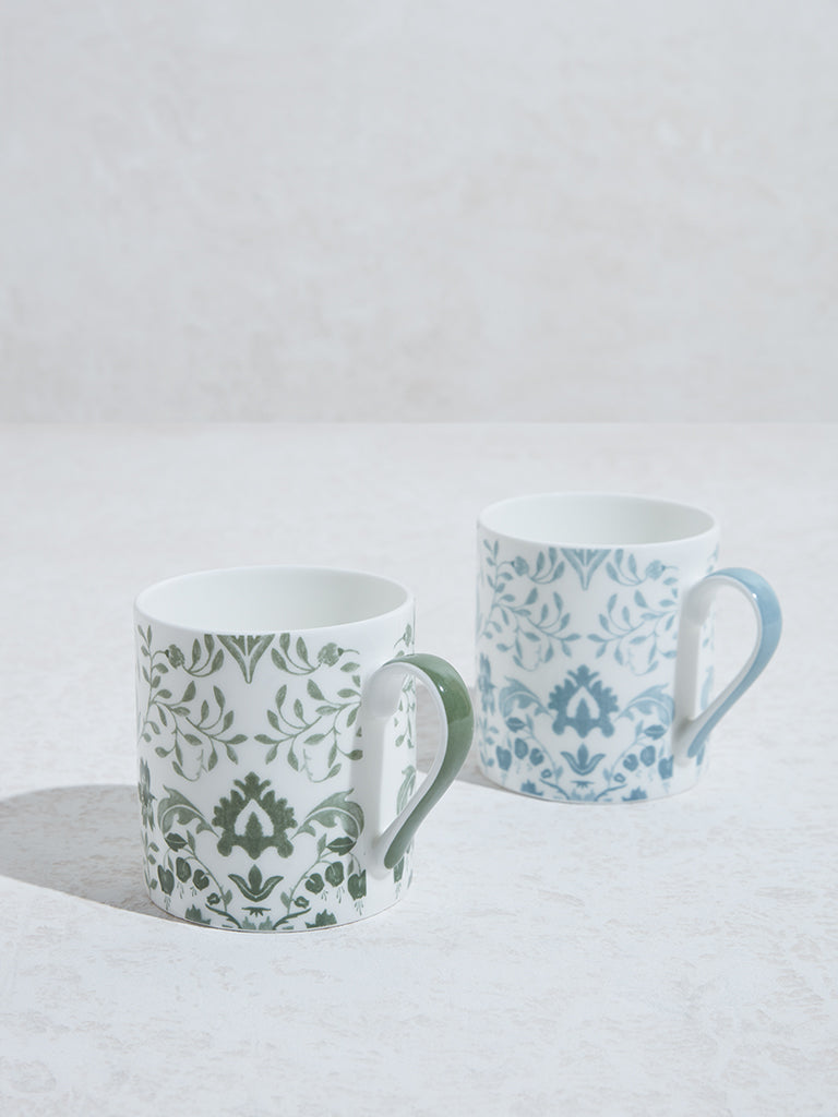 Westside Home Blue & Green Damask Floral Design Mugs (Set of 2)