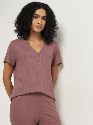 Wunderlove Mauve Ribbed-Textured Henley Top