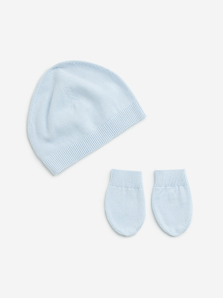 HOP Baby Blue Cotton Cap with Mittens Set