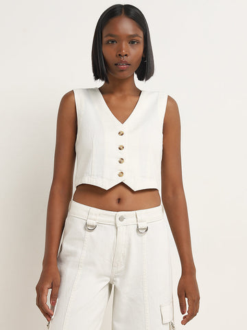 Nuon White Waistcoat-Style Cotton Top