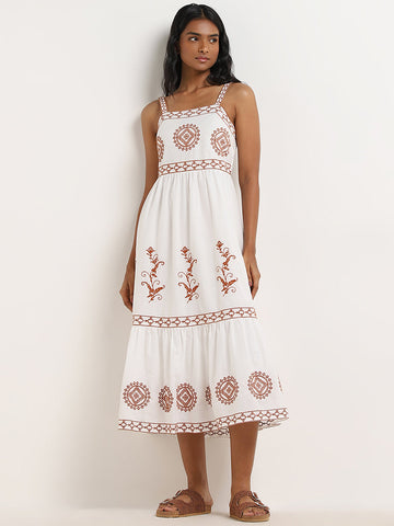 LOV Off-White Embroidered Tiered Cotton Dress