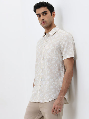 WES Casuals Beige Floral Printed Slim-Fit Shirt