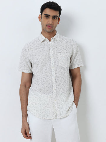 WES Casuals White Floral Design Slim-Fit Shirt