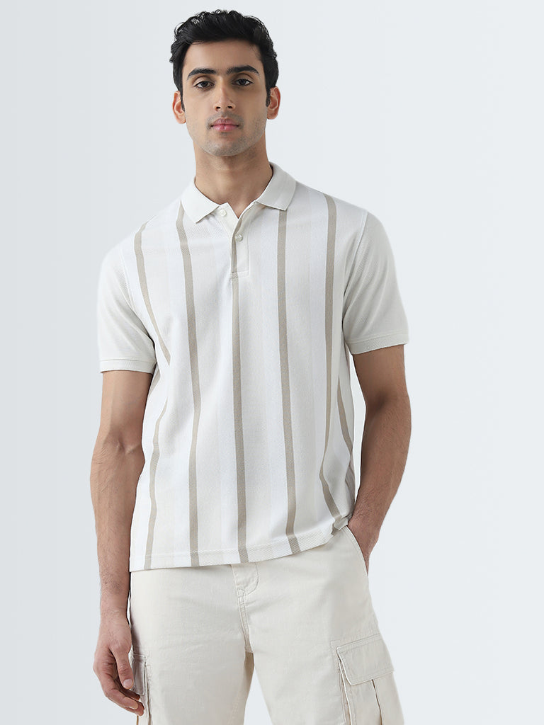 WES Casuals Beige Stripe Printed Relaxed-Fit Polo T-Shirt