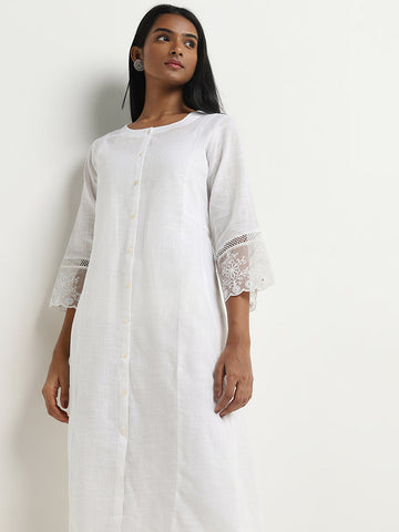 Utsa White Floral Embroidered A-Line Cotton Kurta